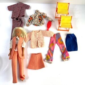 Vintage Barbie Clothes and Accessories Lawn chairs sweater skirt pants brush